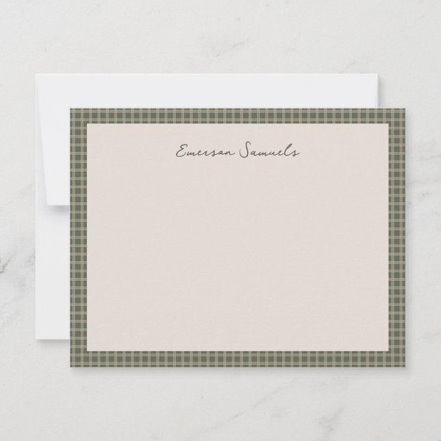 Vintage plaid green checked frame personalised card (Front)
