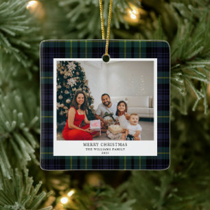 Vintage Plaid Navy Photo Christmas  Ceramic Ornament