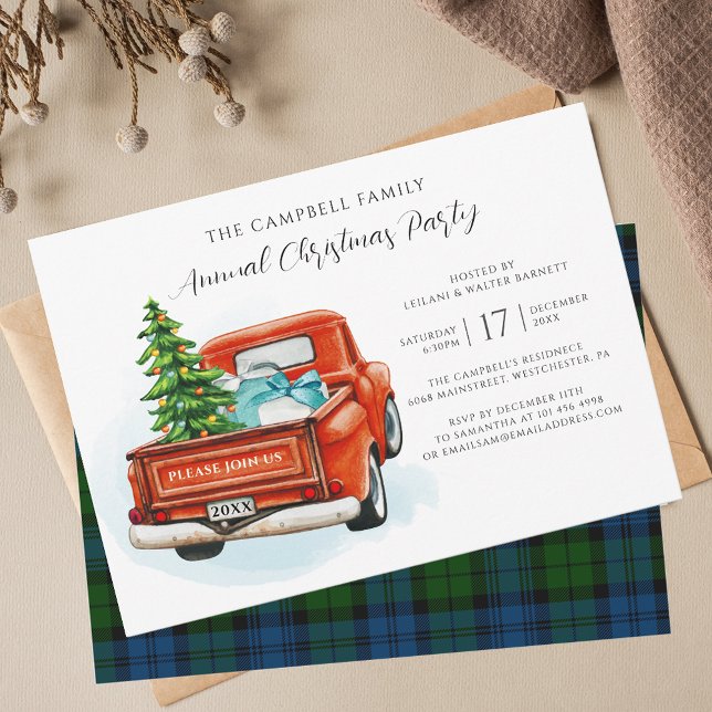 Vintage Plaid Red Truck Campbell Christmas Tartan Invitation (Plaid Campbell Military Christmas Party Invitation with Red Truck)