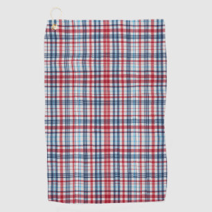 Vintage, plaid red white blue pattern golf towel