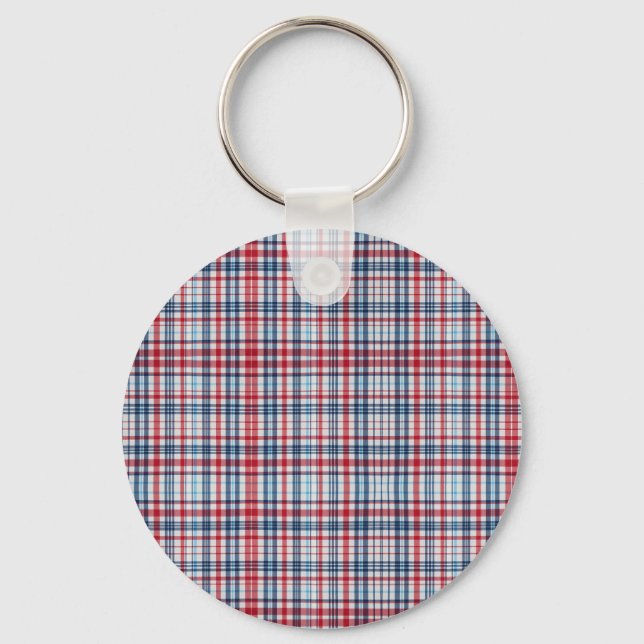 Vintage, plaid red white blue pattern  key ring (Front)