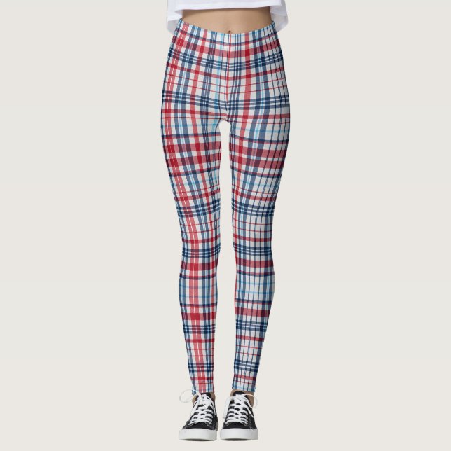 Vintage, plaid red white blue pattern  leggings (Front)