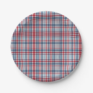 Vintage, plaid red white blue pattern paper plate