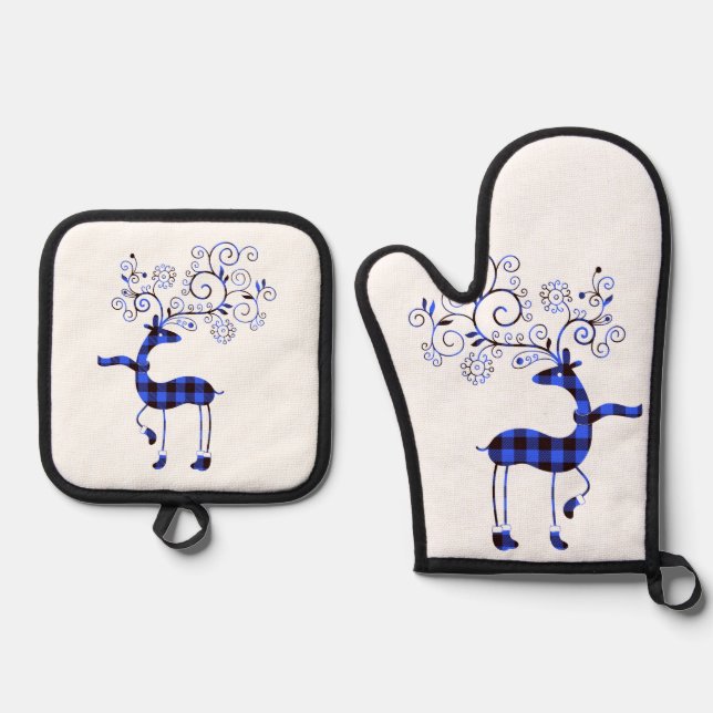 vintage Plaid Reindeer Oven Mitt & Pot Holder Set (Front)