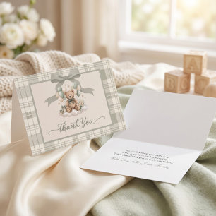 Vintage Plaid Teddy Bear Arch Sage Green Bow Thank You Card
