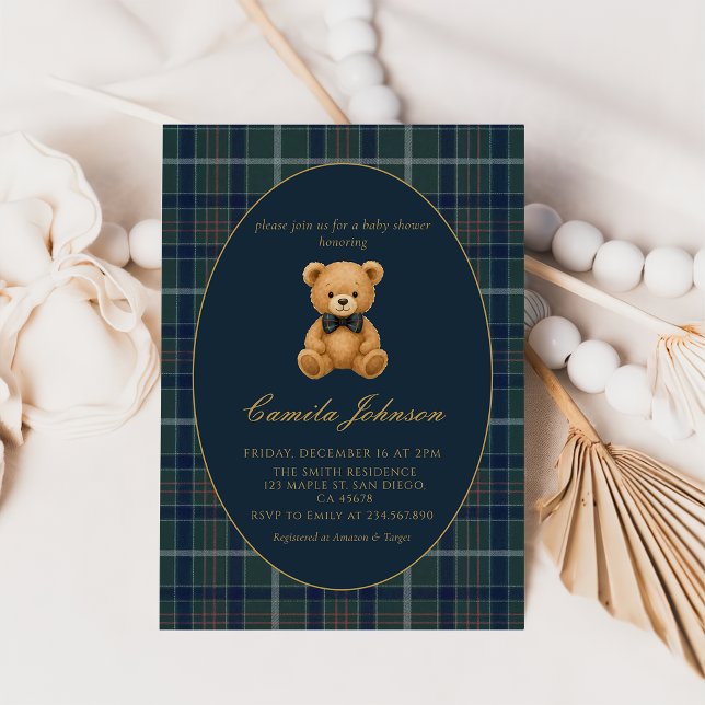 Vintage Plaid Teddy Bear Baby Shower Invitation (Creator Uploaded)