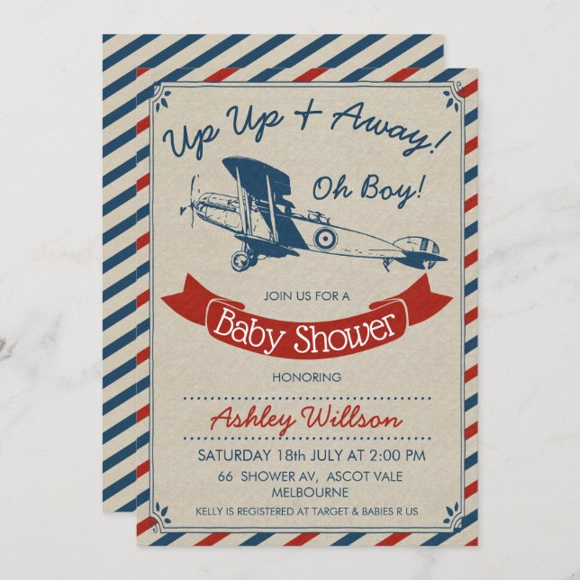 Vintage Plane Baby Shower Invitation For Boy (Front/Back)