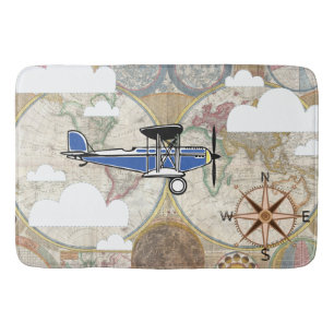 Vintage Plane & World Map Adventure Bath Mat