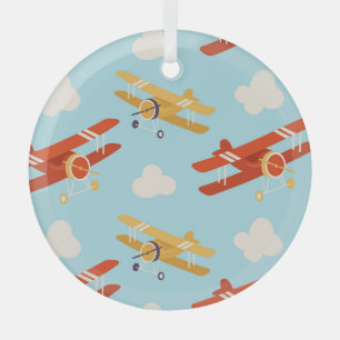 Vintage Planes Clouds Background Pattern Glass Tree Decoration