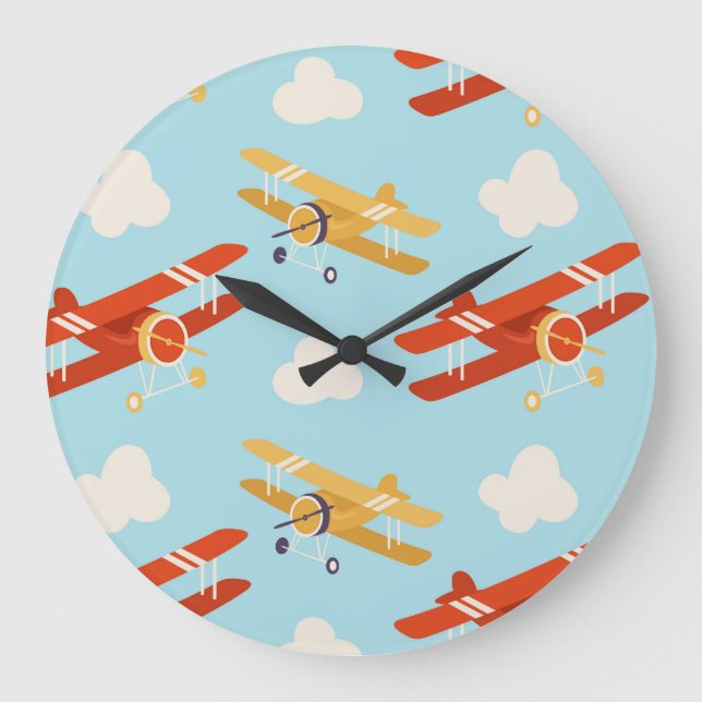 Vintage Planes Clouds Background Pattern Large Clock (Front)