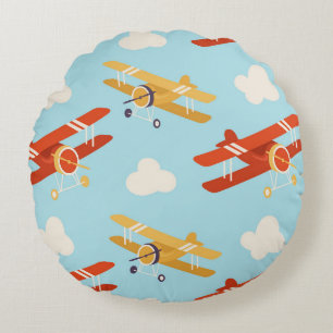 Vintage Planes Clouds Background Pattern Round Cushion