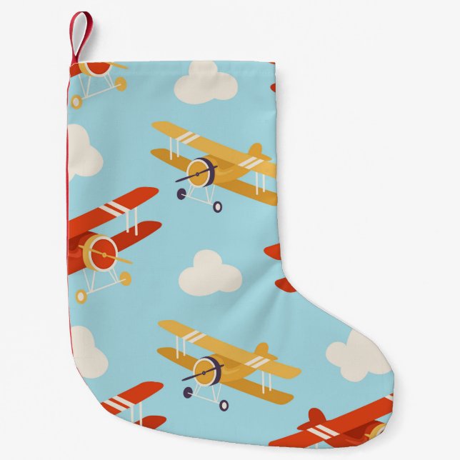 Vintage Planes Clouds Background Pattern Small Christmas Stocking (Front)