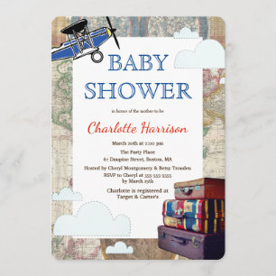 Vintage Planes & Clouds World Travel Baby Shower Invitation