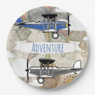 Vintage Planes & World Map Aviator Adventure Paper Plate