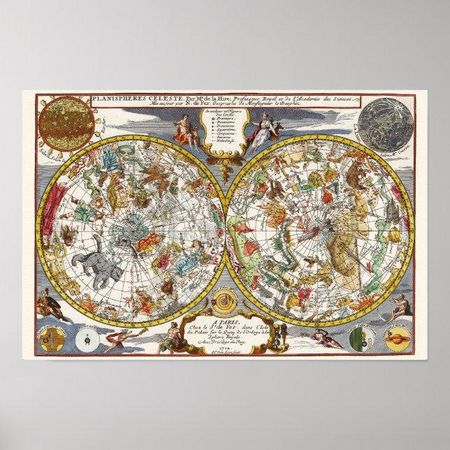 Vintage Planisphere Star Map by Nicholas de Fer Poster (Front)