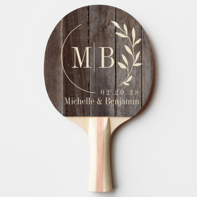 Vintage Planks Leaf Wedding Monogram Ping Pong Paddle (Back)