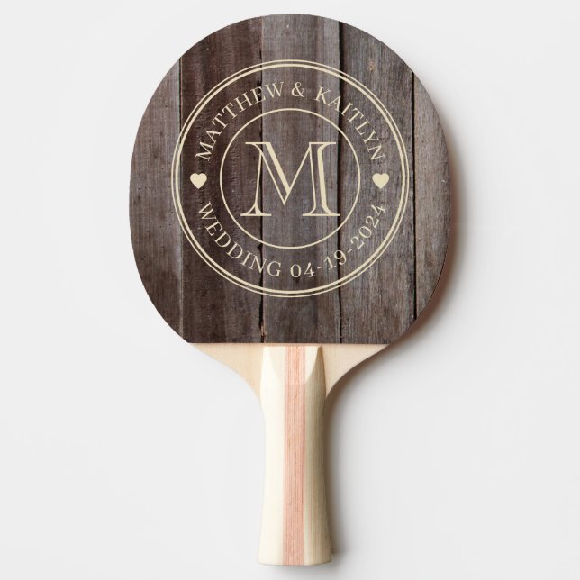 Vintage Planks Wedding Monogram Heart Ping Pong Paddle (Front)
