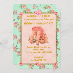 Vintage Playful Girl Birthday Invitations 1st One