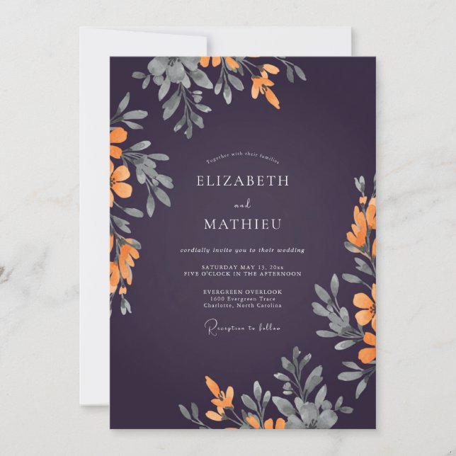 Vintage Plum Amber Leafy Wedding Invitation (Front)