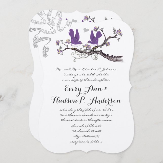 Vintage Plum Birds Yellow & Purple Wedding Invite (Front/Back)