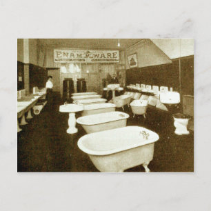 Vintage plumbing display showroom with bathtubs postcard