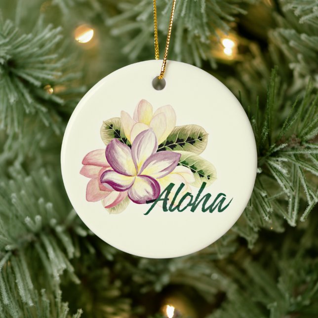 Vintage Plumeria Aloha Customizable Ceramic Ornament (Tree)