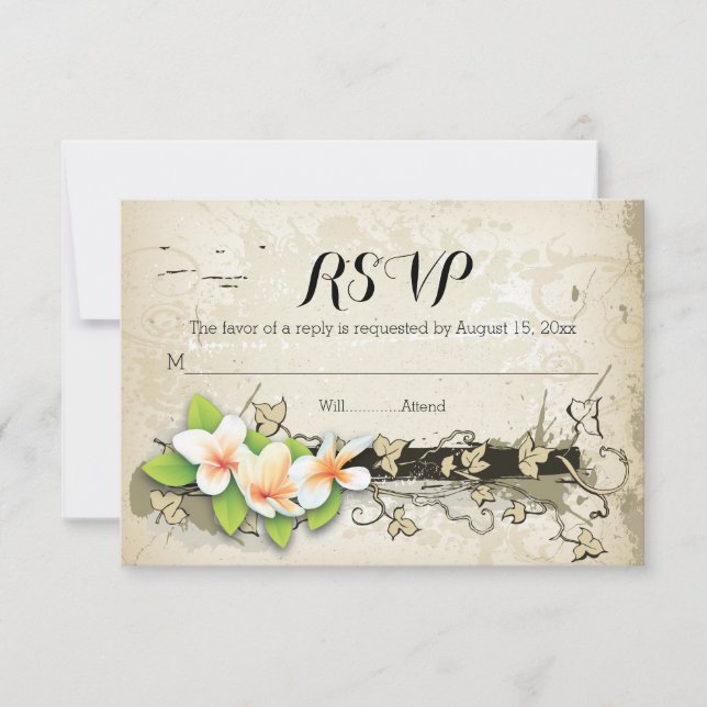 Vintage plumeria & ivy beige wedding RSVP Card (Front)