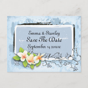 Vintage plumeria ivy blue white Save the Date Announcement Postcard