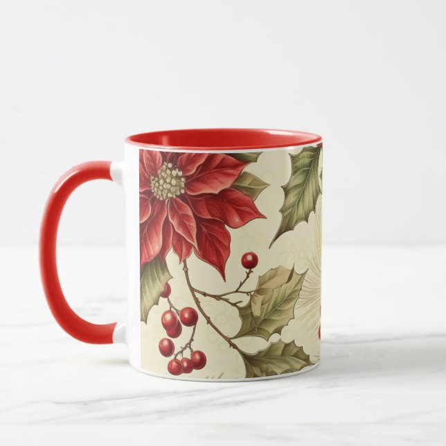 Vintage Poinsettia and Berries Pattern Christmas Mug (Left)