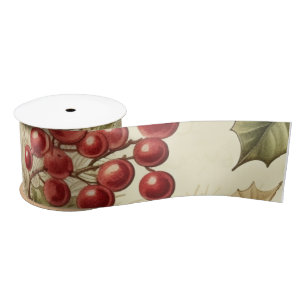 Vintage Poinsettia and Berries Pattern Christmas Satin Ribbon