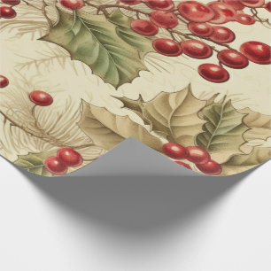 Vintage Poinsettia and Berries Pattern Christmas Wrapping Paper