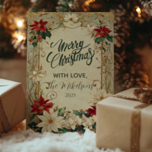 Vintage Poinsettia and Holly Christmas Holiday Card