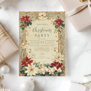 Vintage Poinsettia and Holly Christmas Invitation