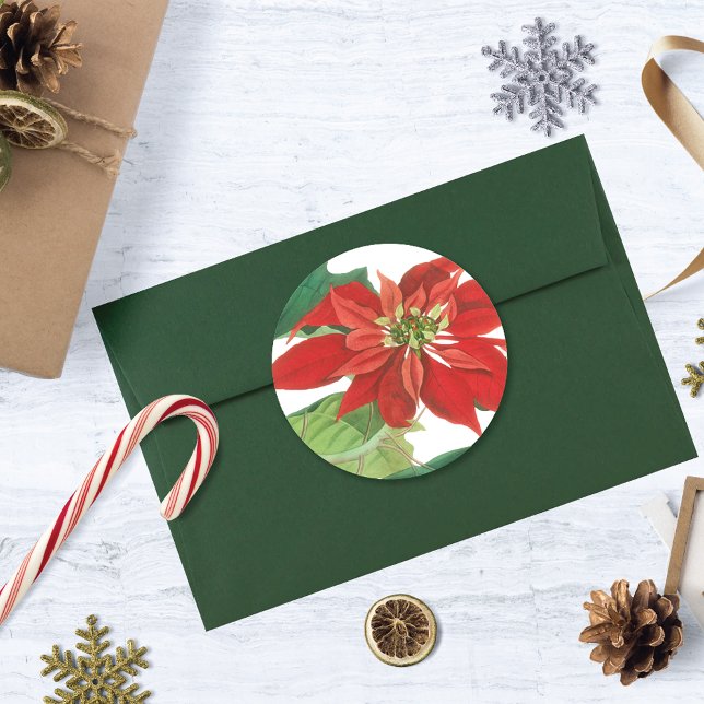 Vintage Poinsettia Botanical Classic Round Sticker (Creator Uploaded)