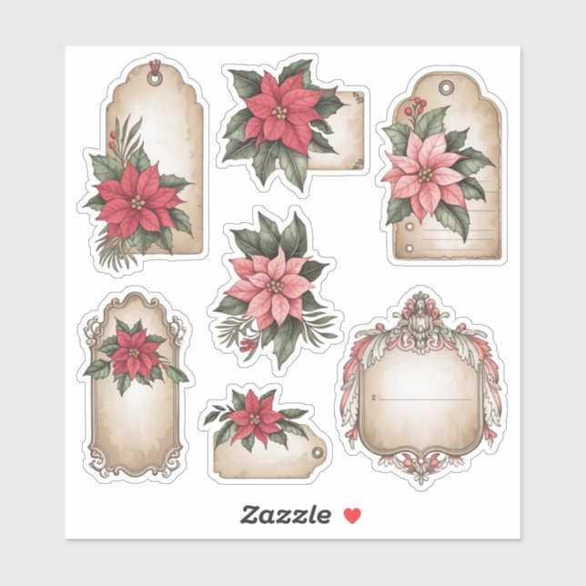 Vintage Poinsettia Christmas Ephemera Stickers (Sheet)