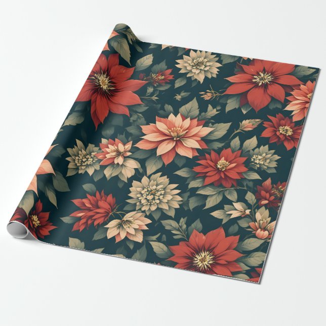 Vintage Poinsettia Christmas Gift Wrap Pattern (Unrolled)