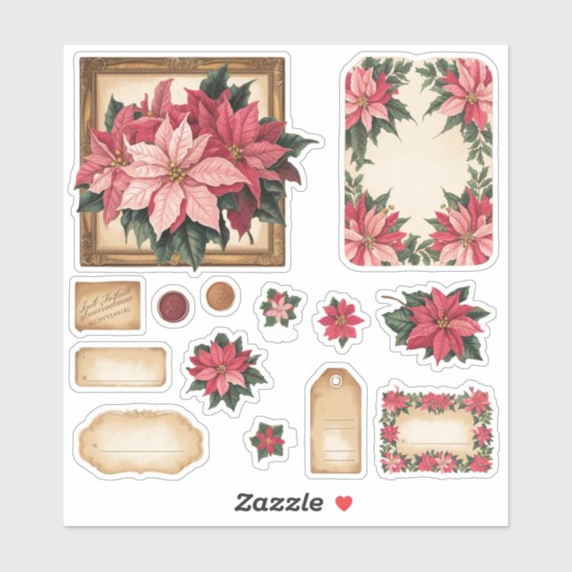 Vintage Poinsettia Floral Embellishments Stickers (Sheet)
