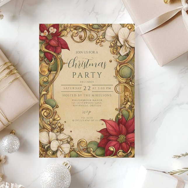 Vintage Poinsettia Gold Scroll Christmas Invitation (Creator Uploaded)