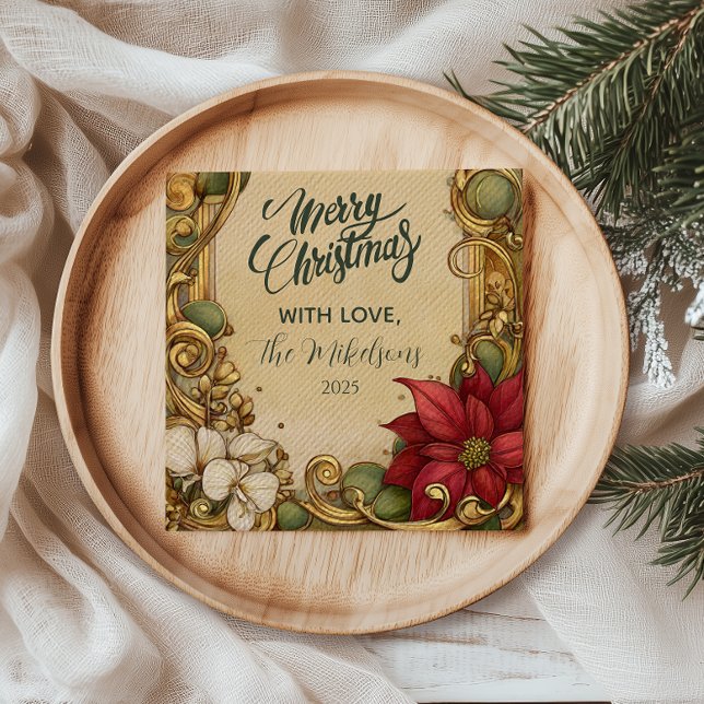 Vintage Poinsettia Gold Scroll Christmas Napkin (Creator Uploaded)