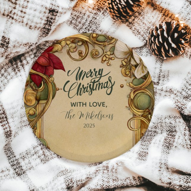 Vintage Poinsettia Gold Scroll Christmas Paper Plate (Creator Uploaded)