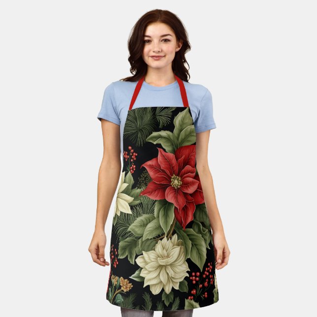 Vintage Poinsettia Pattern Christmas Apron (Worn)