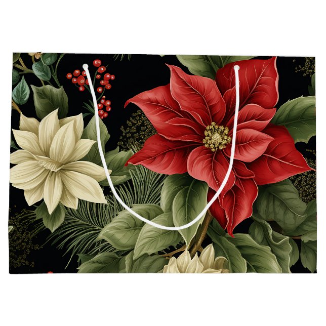 Vintage Poinsettia Pattern Christmas Large Gift Bag (Back)
