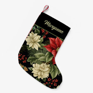 Vintage Poinsettia Pattern on Black Small Christmas Stocking