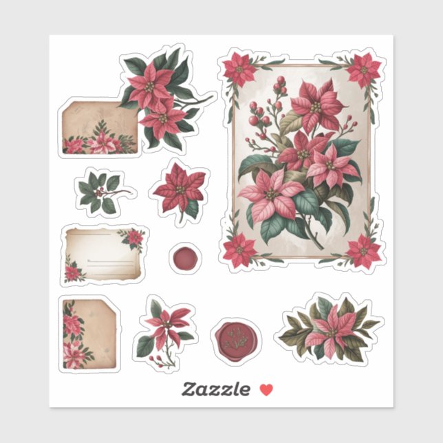 Vintage Poinsettia Stationery Ephemera Stickers (Sheet)