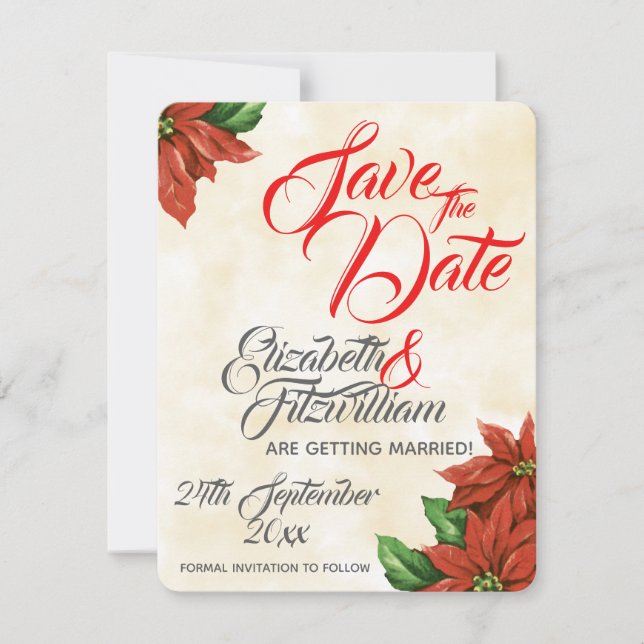 Vintage Poinsettia Wedding Save The Date Invitation (Front)
