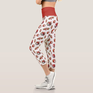 Vintage Poinsettias And Holly Christmas White Capri Leggings