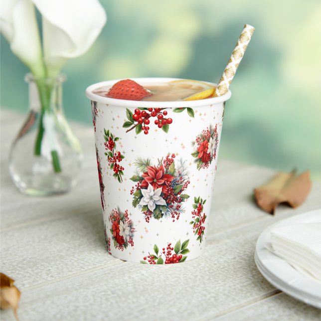 Vintage Poinsettias And Holly Christmas White Paper Cups (Insitu)