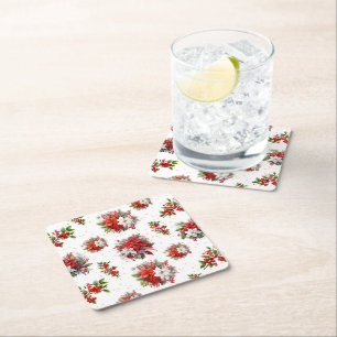 Vintage Poinsettias And Holly Christmas White Square Paper Coaster