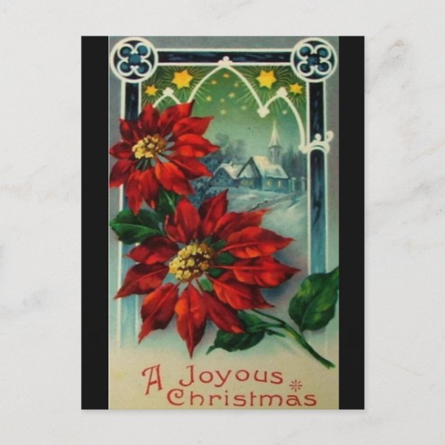 Vintage Poinsettias Church and Stars Christmas Postcard (Front)