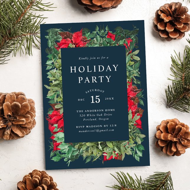 Vintage Poinsettias & Greenery Navy Holiday Party Invitation (Creator Uploaded)